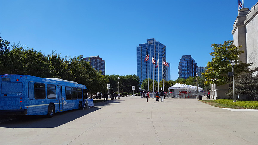 Community Connection bus outside of Soldier Field