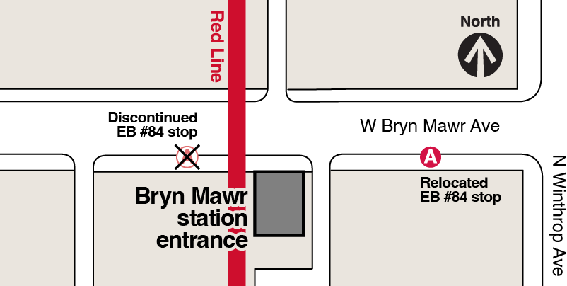 Map showing the eastbound 84 Peterson stop on the south side of Bry Mawr Avenue, just west of the Bryn Mawr Red Line station (stop A), relocated approximately 175 feet east, near the southwest corner at Bryn Mawr and Winthrop, east of the station entrance.