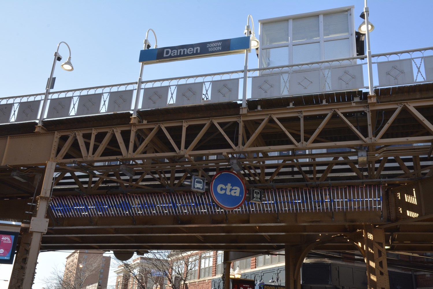The interactive, LED screen artowork known as Soundtrack can be seen on the north side of the Damen Blue Line viaduct. 
