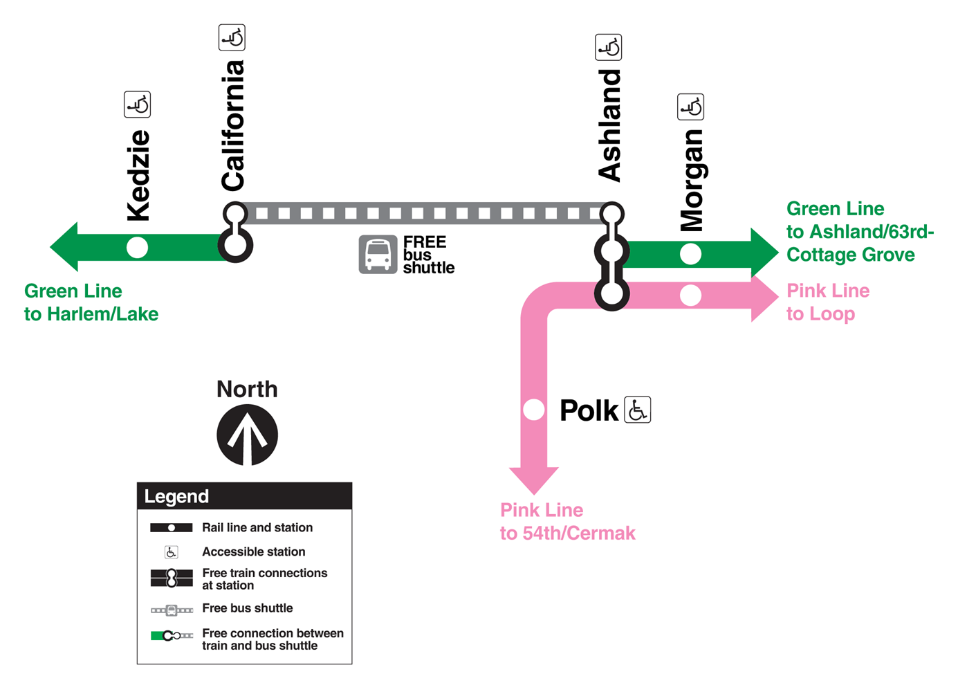 Map shows shuttle buses replacing rail service between the Ashland and California Green Line stations