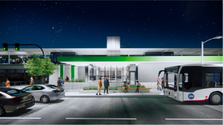 Rendering of the design of the new, accessible Austin Green Line station, at night with a bus in front.