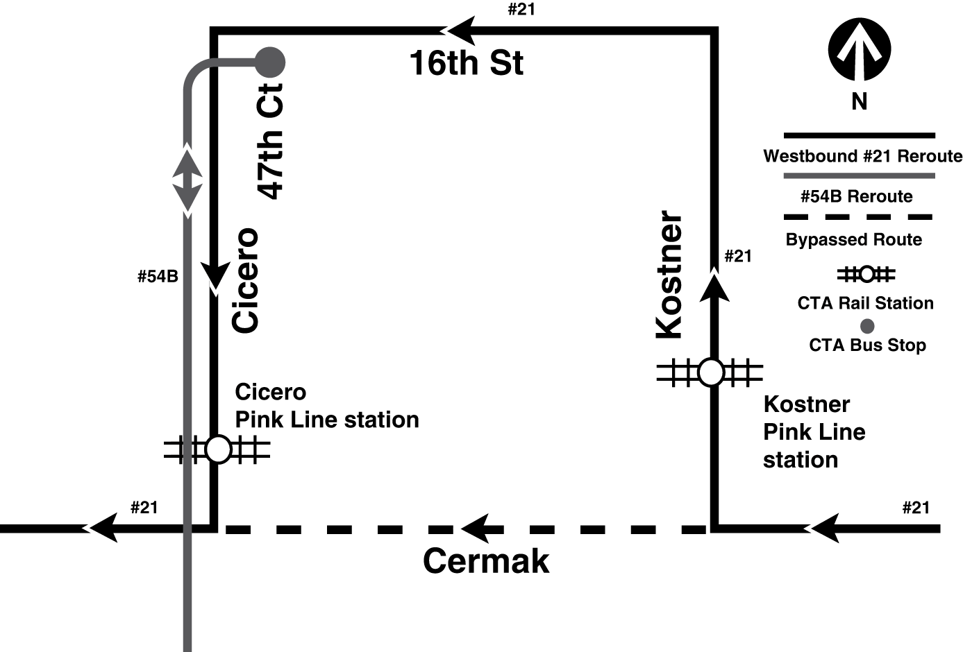 Map shows westbound route 21 and 54B buses being rerouted onto 16th Street