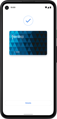 A Google Pixel 5 with a Ventra Card on screen, as the device looks after tapping to pay with Ventra at a reader on CTA