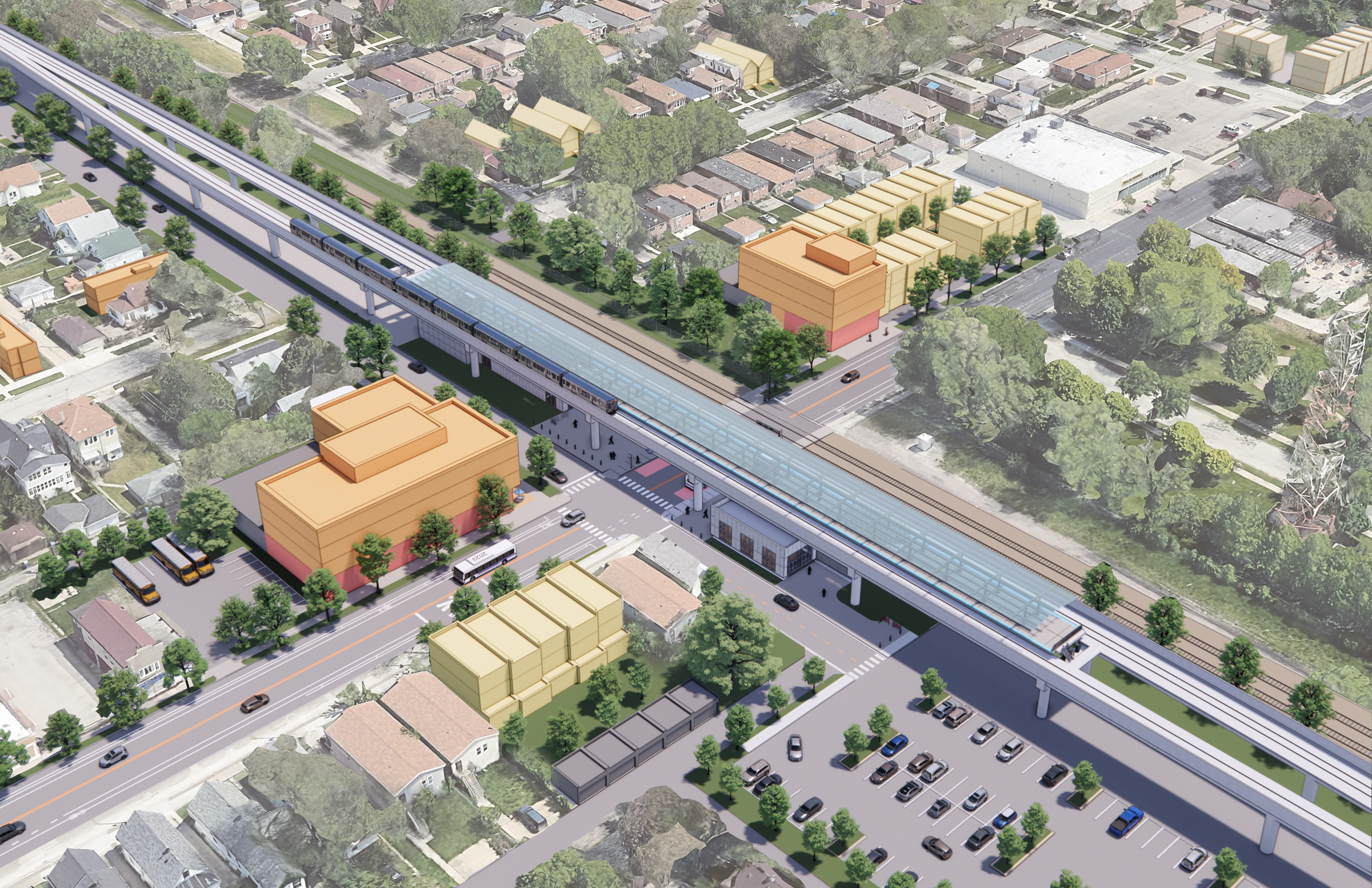 Aerial rending of 103rd Street station area proposed catalyst sites and station at an angle