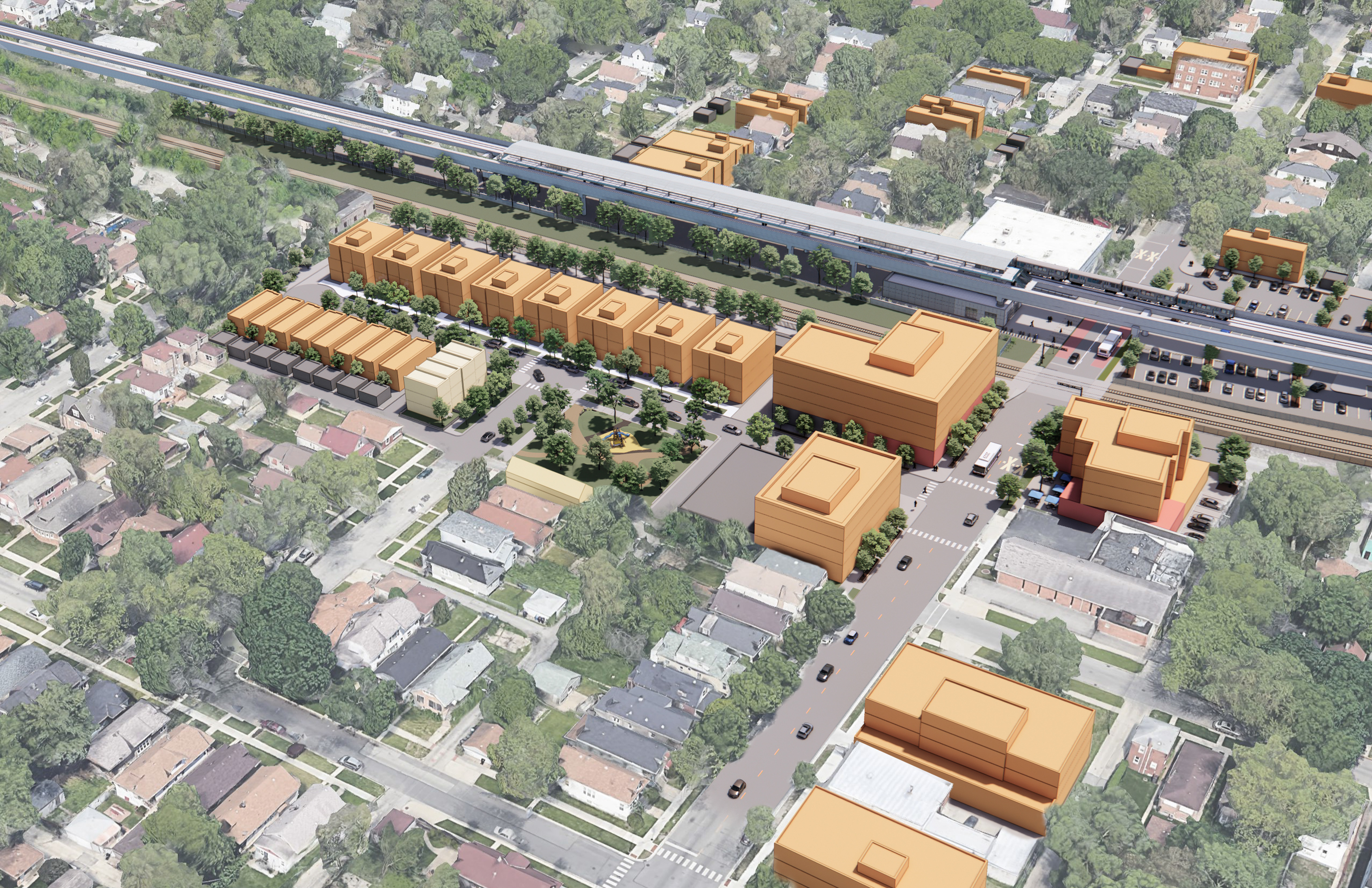 Aerial rendering of the 111th Street station area proposed catalyst sites and station at an angle