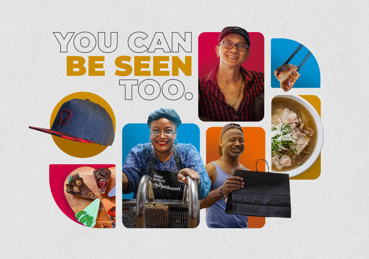 Image of smiling business women in an open cafe business shop that has the Be Seen marketing campaign text.