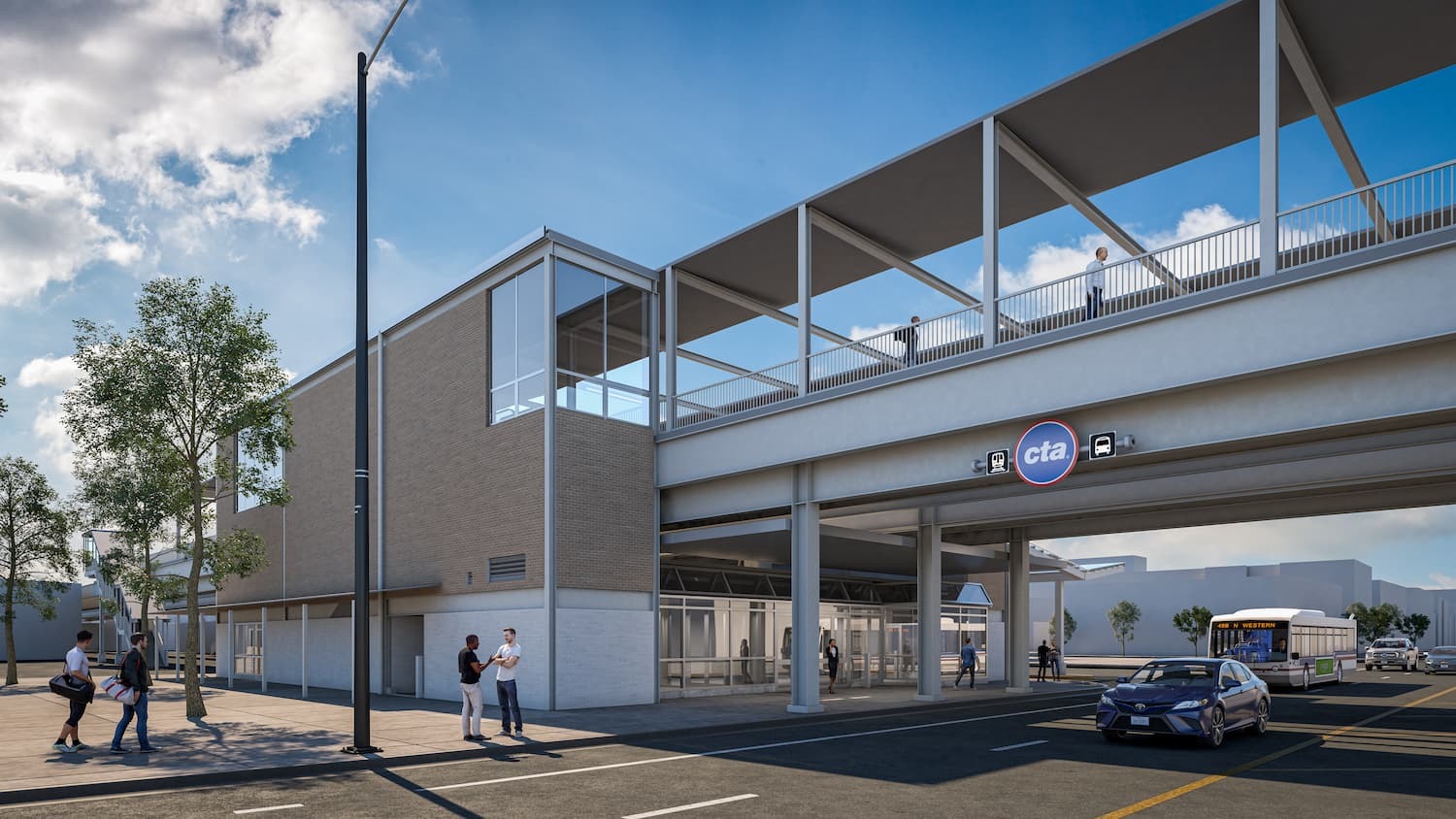 Rendering of new station with canopy and accent lighting.
