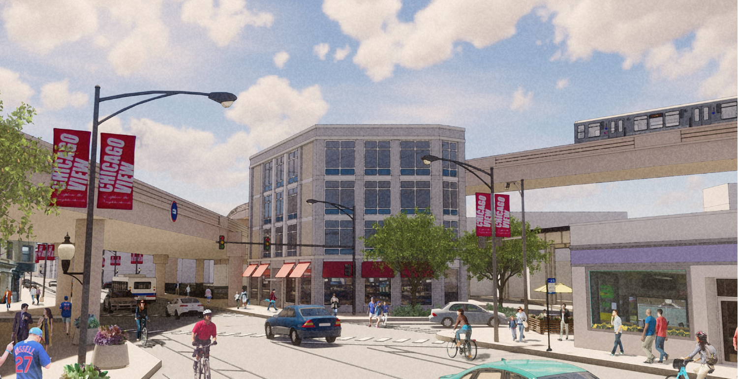 A rendering of buildings near elevated tracks.