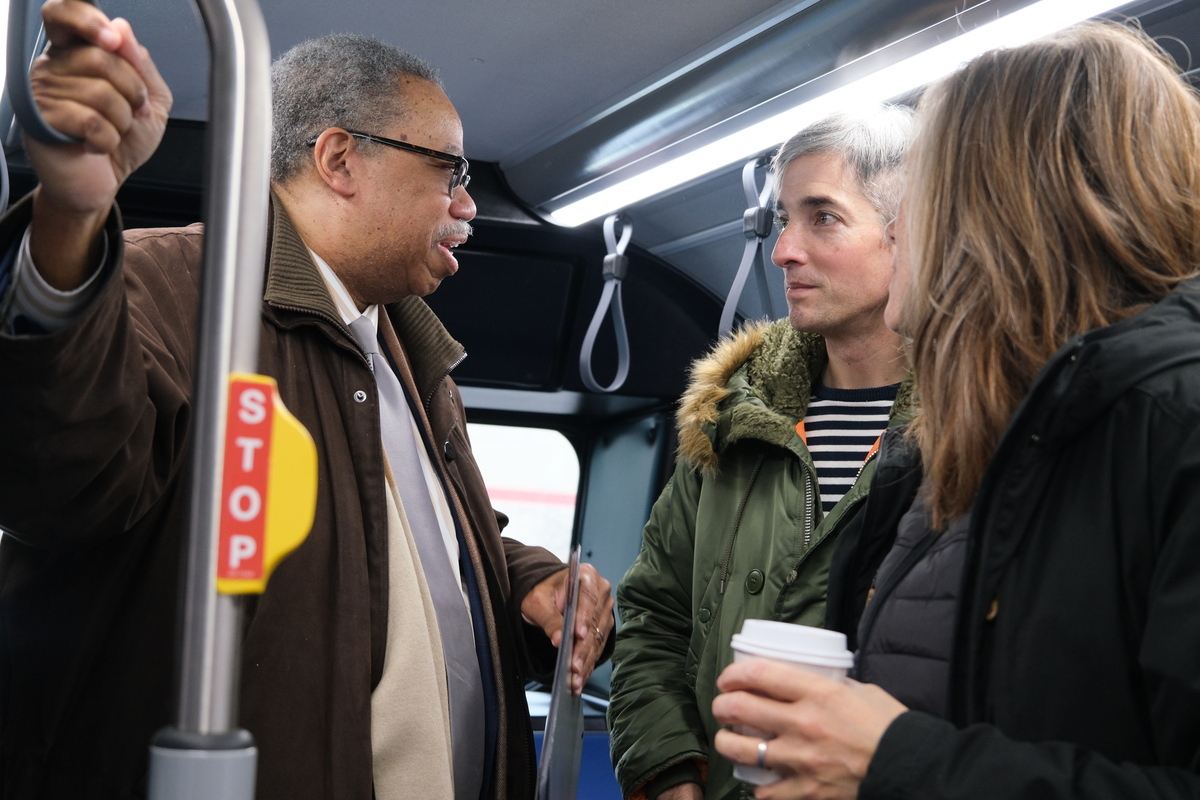 CTA President Carter with 1st Ward Alderman La Spata and CDOT Commissioner Biagi touring recent transportation improvements along Chicago Avenue