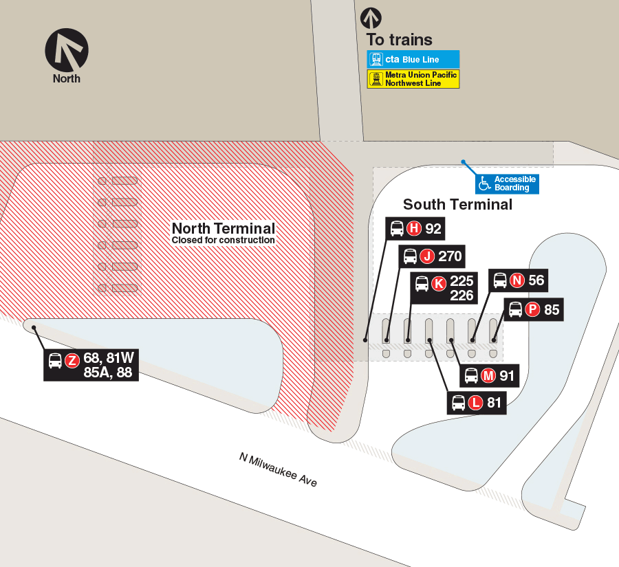 Map showing north terminal bus closures (check stops table below for detailed route-stop info), most routes in South Terminal areas, but routes 68, 81W, 85A and 88 will call at Stop Z, located on northbound Milwaukee Avenue in front of the station