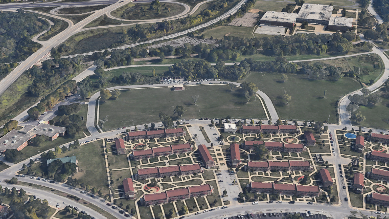 Aerial rendering of the 130th Street Station area existing conditions at an angle