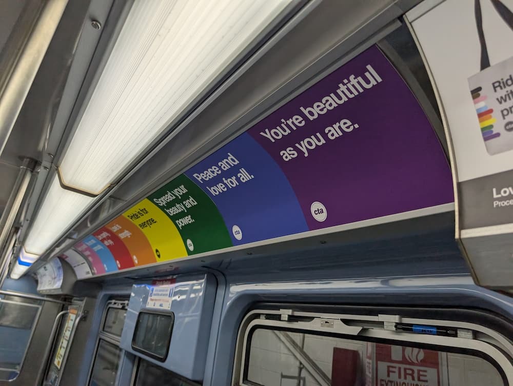 A collection of inspirational messages inside a train car