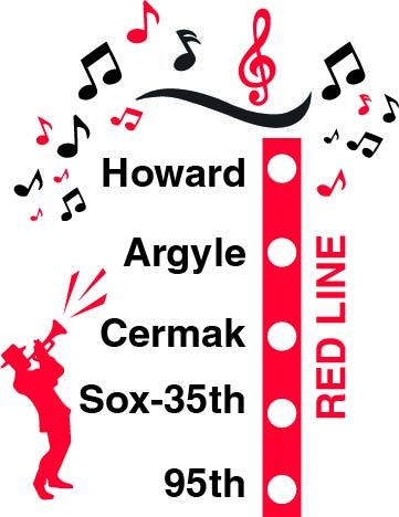 Graphic of jazz musician silhouette and musical notes along with a route diagram showing stations Howard, Argygle, Cermak, Sox-35th, 95th