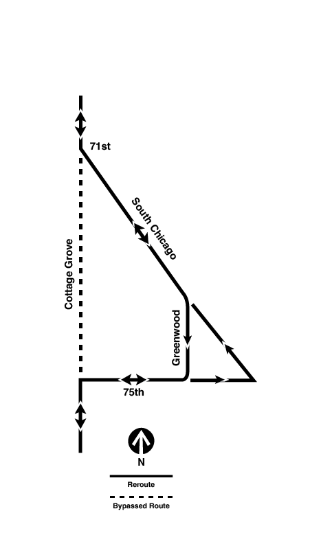 Map shows buses on Cottage Grove bypassing stops between 71st and 75th
