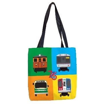 New tote bag with 75th Anniversary logo and color blocks featuring retro railcar models