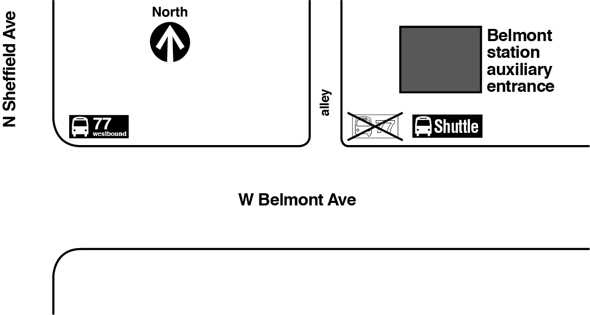 Map showing westbound route 77 bus stop relocated from in front of the Belmont Red and Brown lines station auxiliary entrance to the northeast corner of Belmont Avenue and Sheffield Avenue.