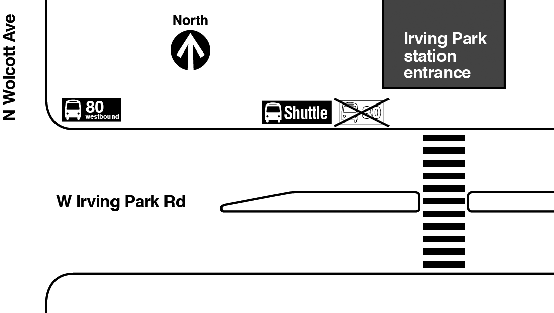 Map showing westbound route 80 bus stop relocated from in front of the Irving Park Brown Line station entrance to the northeast corner of Irving Park Road and Wolcott Avenue.