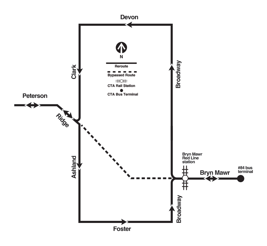 Map shows the new routing of the 84 after Bryn Mawr station reopens
