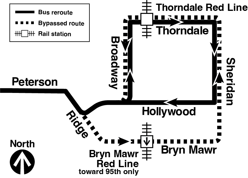 Map showing eastbound 84 buses will operate via Ridge, Hollywood, Broadway and Thorndale, ending their trips at the Thorndale Red Line station. Westbound buses will begin their trips at the Thorndale Red Line station, operate via Thorndale, Sheridan and Hollywood, then resume their normal route on Ridge. Buses will not operate on Bryn Mawr Avenue.