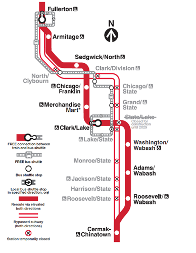Map shows Red Line subway trains following Brown Line routing to Merchandise Mart and Green Line routing in Loop