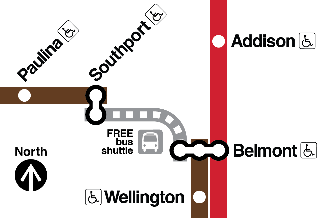 Map showing no Brown Line train service e between Belmont and Southport, with free shuttle buses replacing rail service there. Brown Line trains operate between Kimball and Southport and between Belmont and the Loop.
