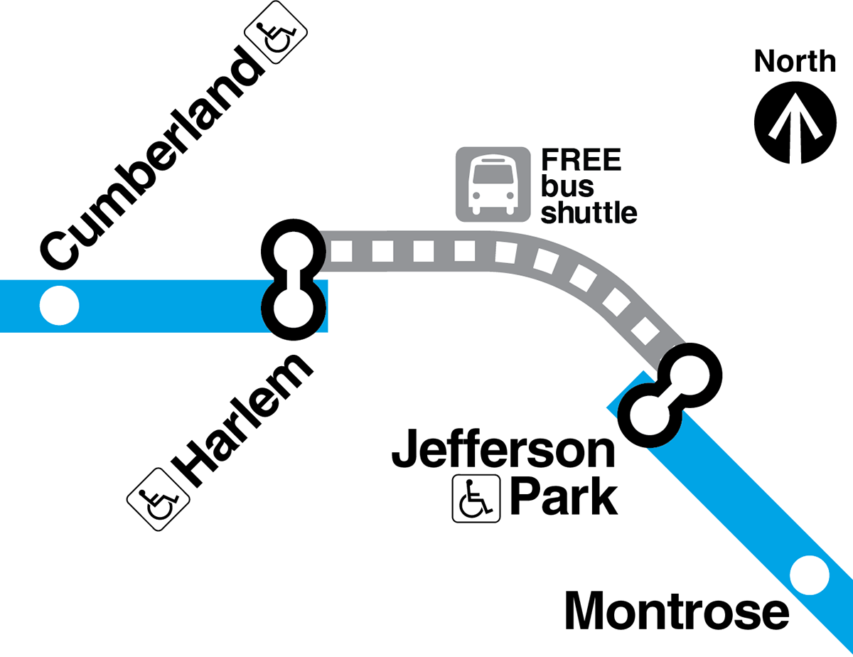 Map showing free bus shuttle service replacing Blue Line trains between Jefferson Park and Harlem O'Hare branch stations. Both stations are accessible to customers with disabilities.