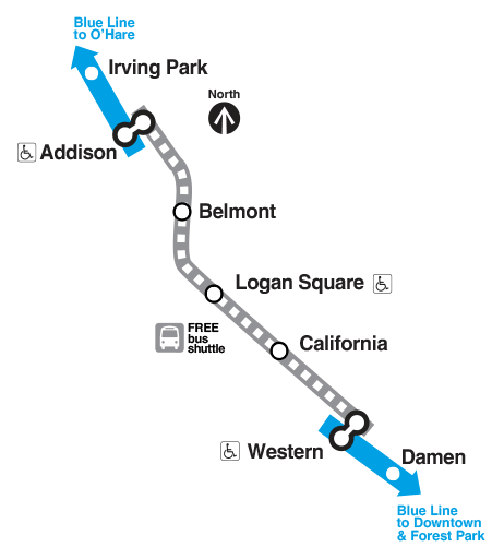Service map outlining impacts of upcoming project work requiring line-cuts along the Blue Line O'Hare branch. 