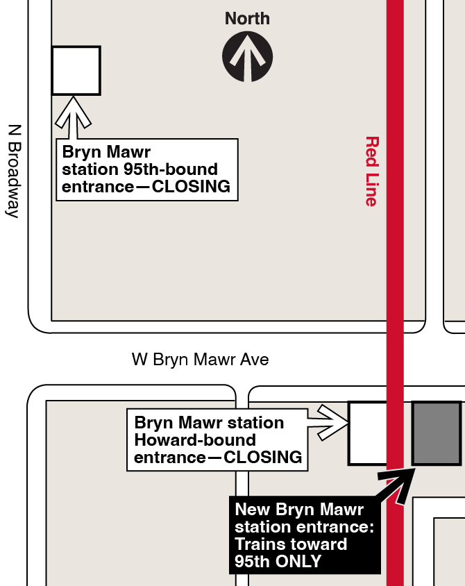 Map showing temporary Bryn Mawr station entrances on North Broadway and on Bryn Mawr Avenue under the old L viaduct will close, and a new temporary Bryn Mawr station will open. The new temporary Bryn Mawr station entrance is located on the south side of Bryn Mawr Avenue, 75 feet east of the old entrance under the L viaduct. The new temporary Bryn Mawr station is only served by Red Line trains toward downtown and 95th.