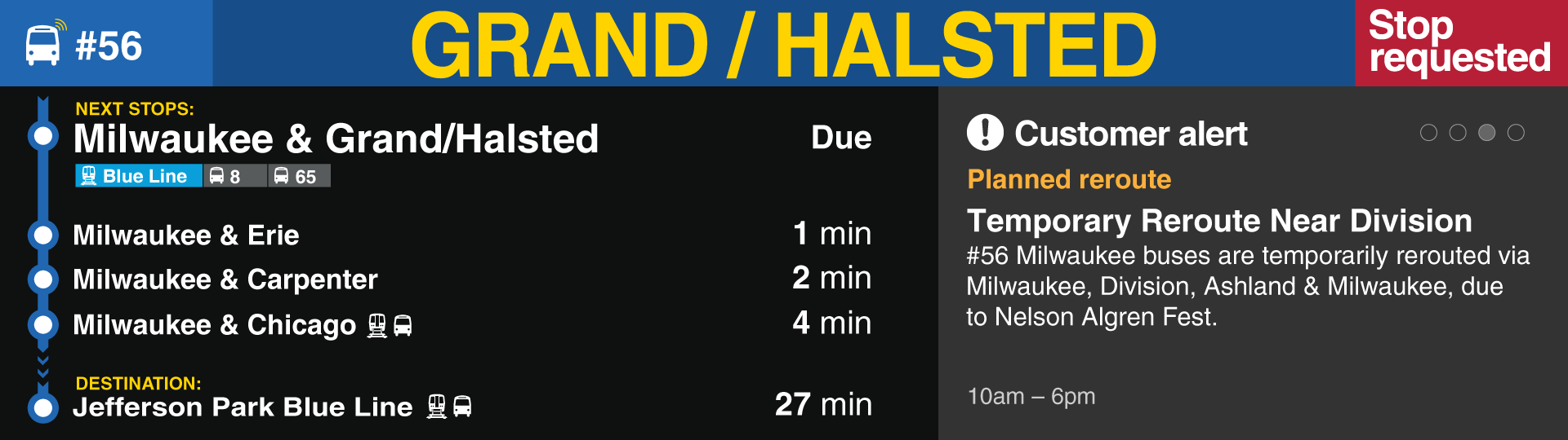 Sample of screen showing a bus in service on the 56, approaching Grand/Milwaukee, available transfers, subsequent stops, a customer alert about a reroute further ahead and that the next stop has been requested.
