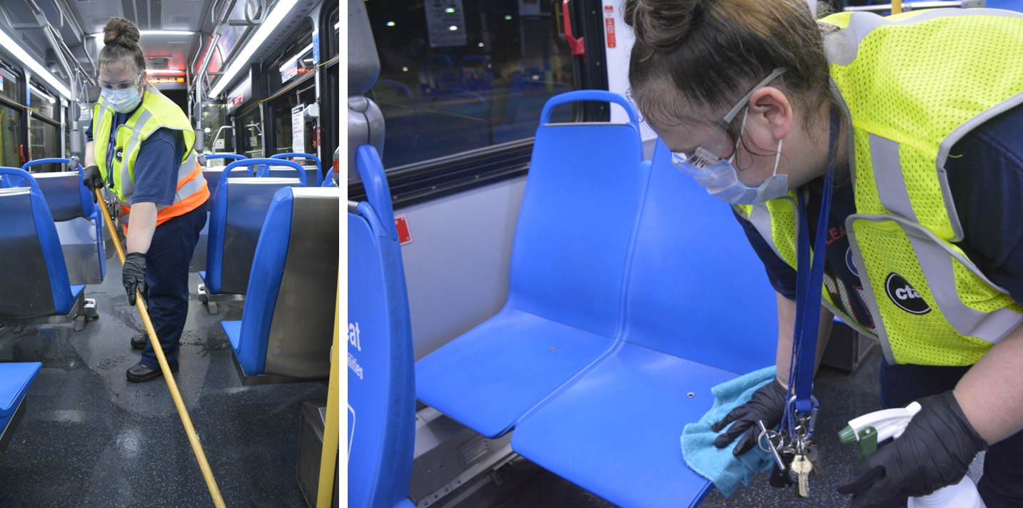 An out of service CTA bus receiving a deep clean at a garage.