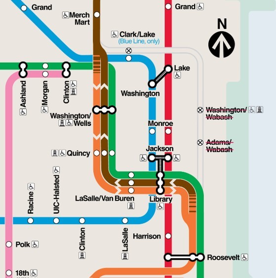 CTA loop map showing the following stations as closed: Washington/Wabash, Adams/Wabash, and the elevated portion of Clark/Lake (Blue Line Only)