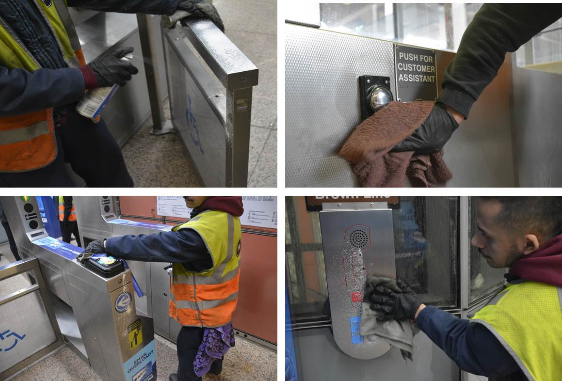 Some of the common station areas disinfected as part of daily cleanings: fare gate, customer assistance button, farecard readers.