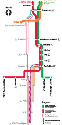 Link to map showing regular Red Line south of Roosevelt being temporarily out of service and instead, after Roosevelt, going onto elevated and stopping along with Green Line service thru Garfield, where all Red Line trains will operate south to Ashland/63rd and all Green Line trains to Cottage Grove. Also shows express buses connecting closed stations from 63rd thru 95th and express shuttles direct from 69th, 79th, 87th and 95th/Dan Ryan to Garfield (Green Line station, to also be served by Red Line trains) for rail service to downtown, and the North and West Sides.
