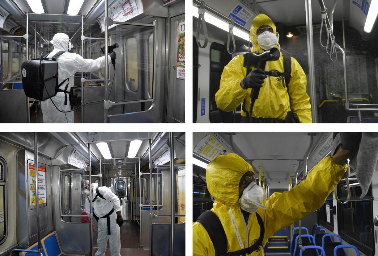 Employees using new electrostatic sprayers to further enhance our already rigorous cleaning process on rail cars and buses