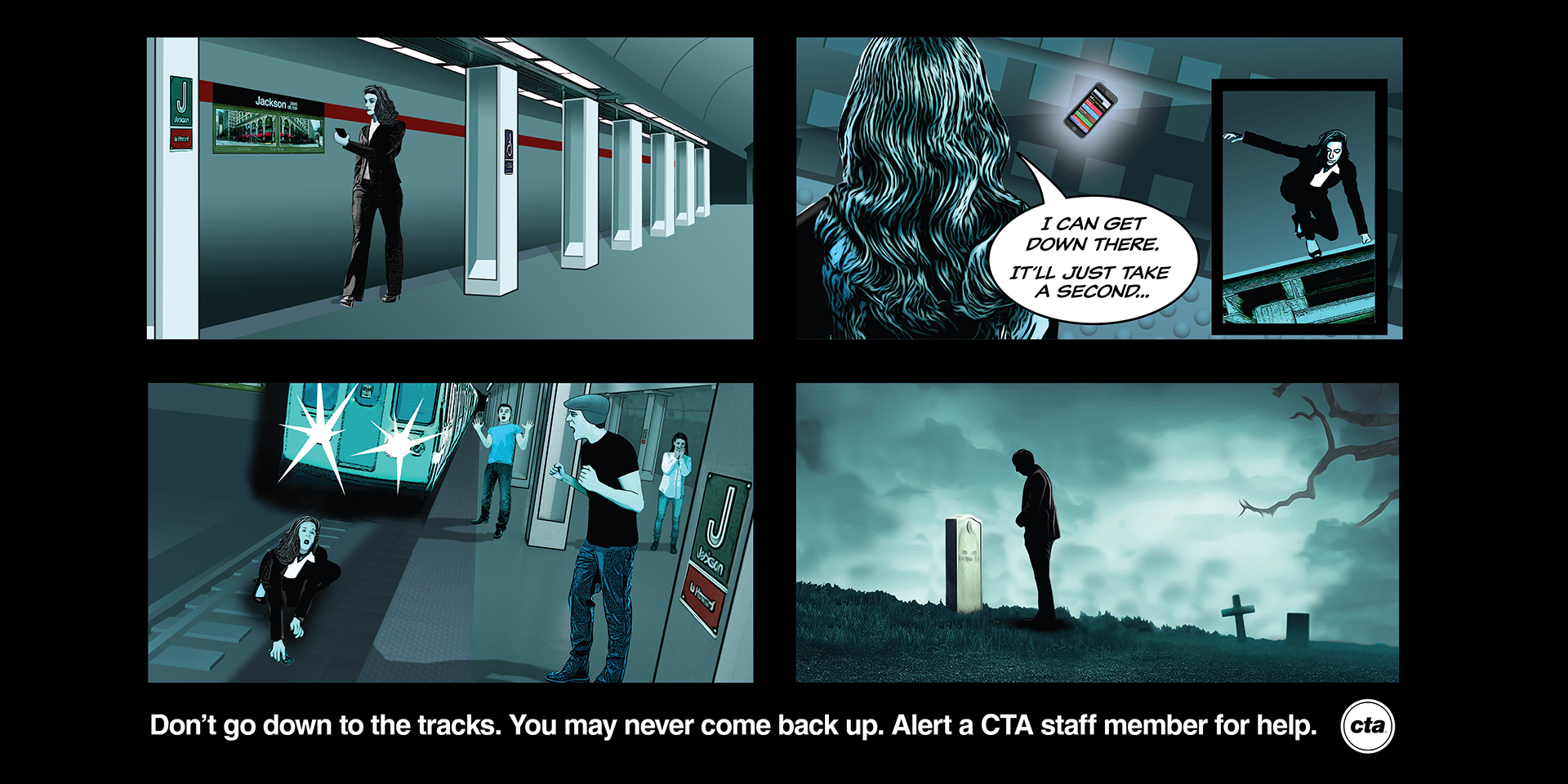 One creative in CTA's 2023 rail safety campaign uses a graphic novel approach to convey the dangers of going onto the tracks.