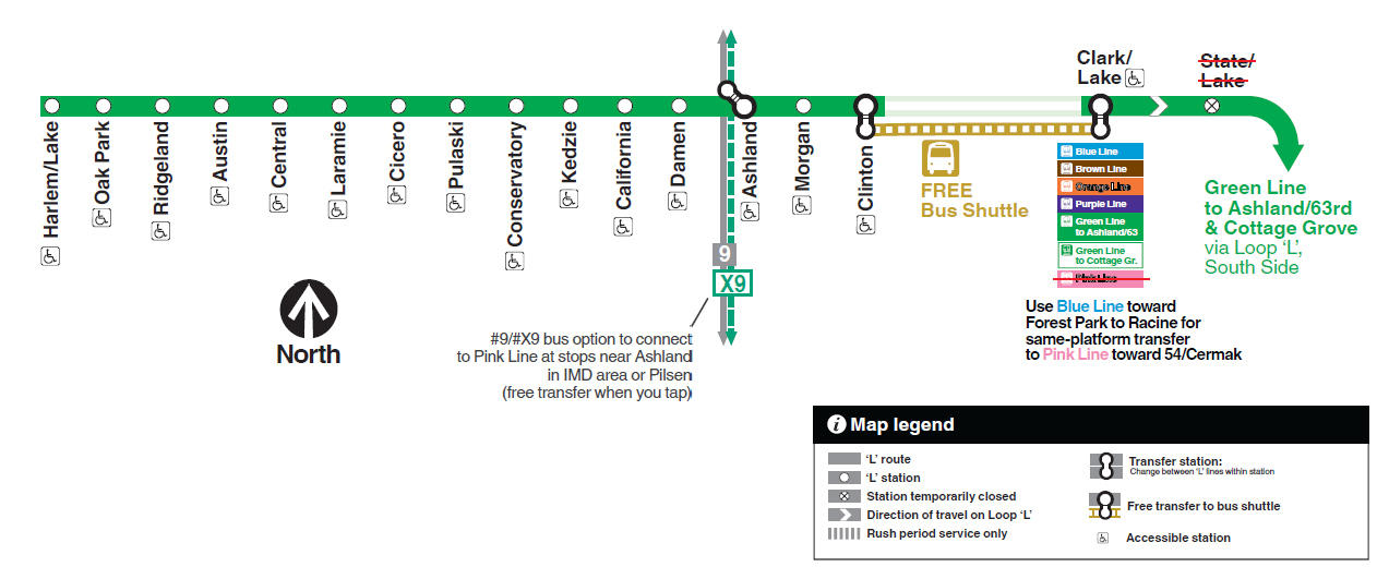 Map of Green Line Lake Branch service during Lake Street Bridge construction