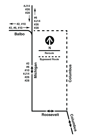 Map shows buses rerouted onto Michigan and Roosevelt