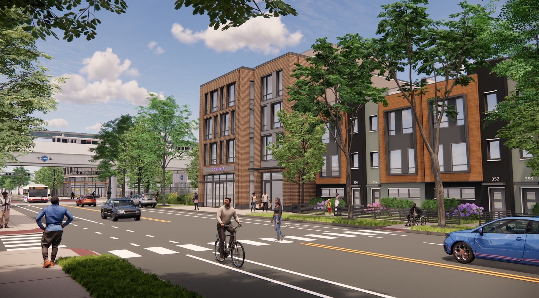 103rd Street Station Area Development Concept. A vibrant street with the station seen in the background.
