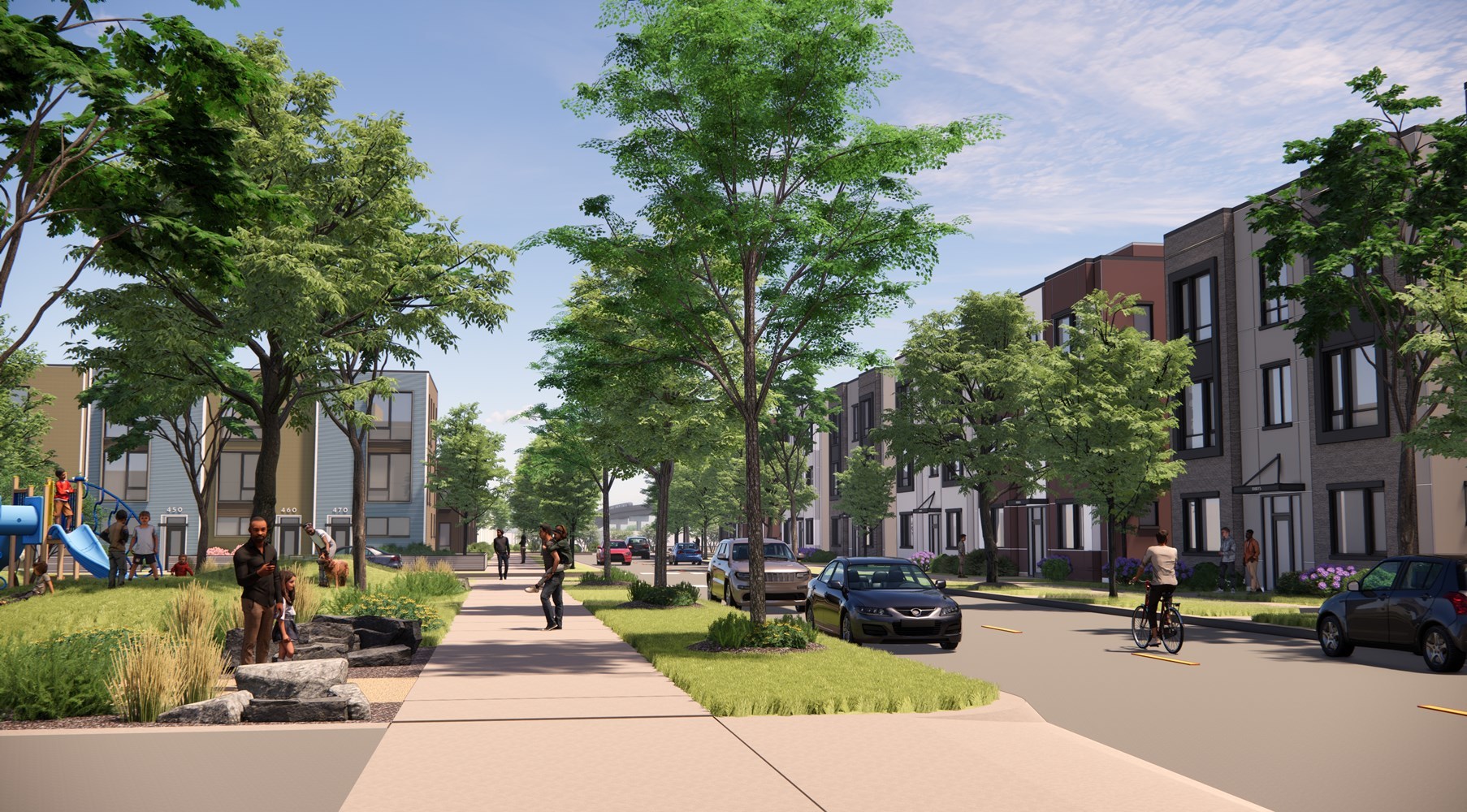 111th Street Station Area Development Concept. A residential tree-lined street lined with homes showing residents walking. The Red Line Extension elevated tracks are seen in the far distance. 