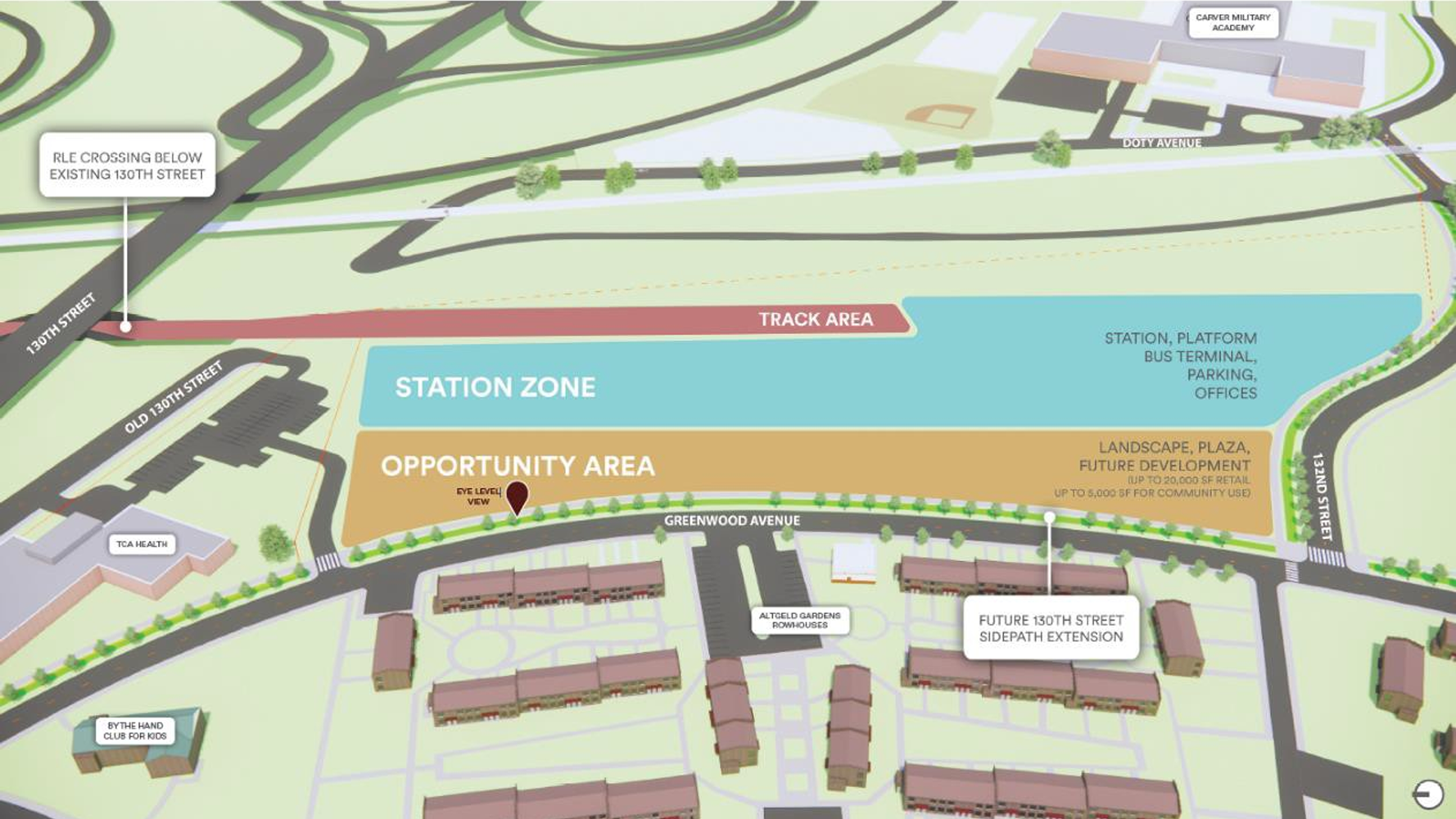 Aerial rendering of the 130th Street station area proposed catalyst sites and station at an angle
