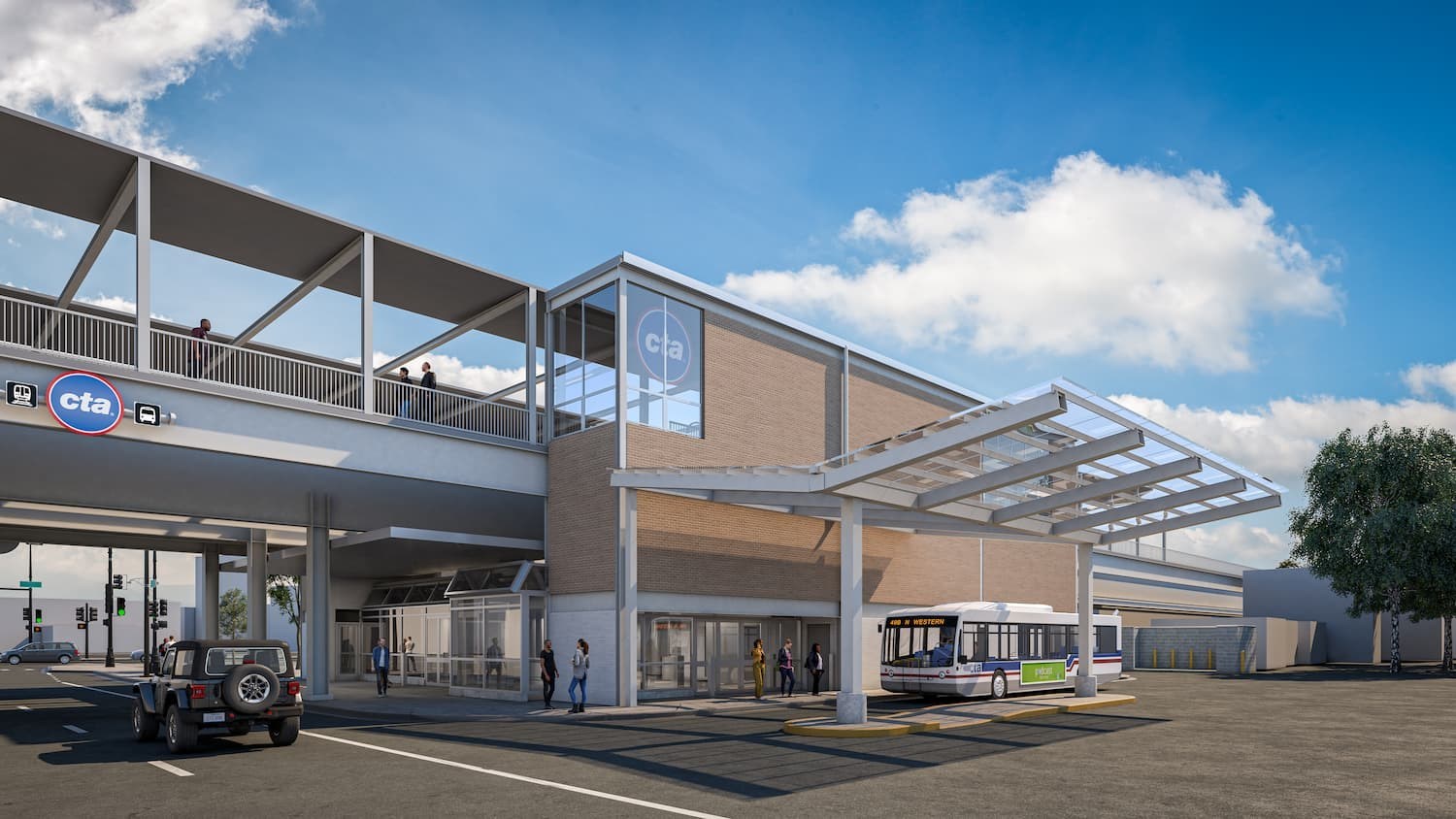 Rendering of renovated Western Brown station under a sunny blue sky.