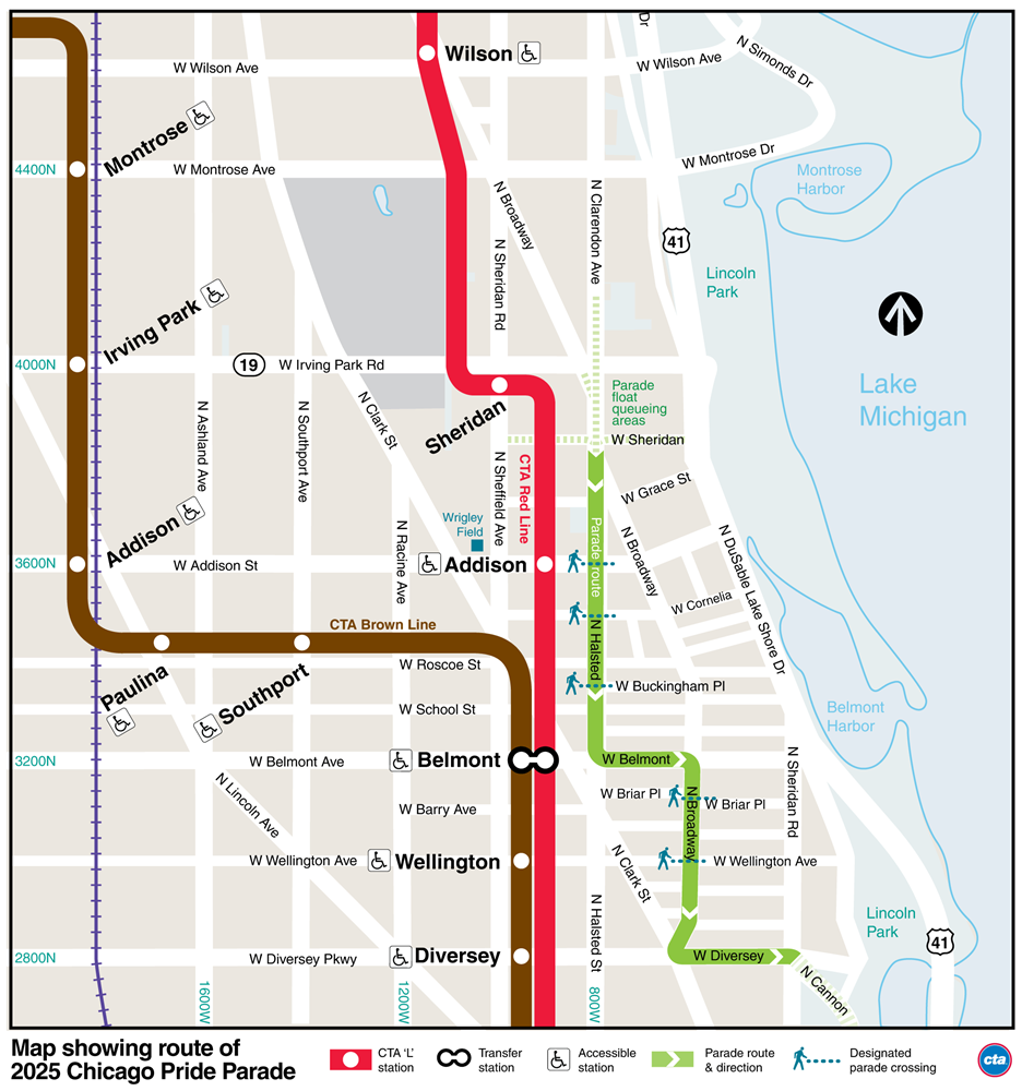 Map showing the relationship between 'L' stations at Sheridan, Addison, Belmont, Wellington and Diversey and the parade route from the intersection of W Sheridan/Broadway (south of Irving) that runs south via Halsted, Belmont, Broadway and Diversey into Lincoln Park.