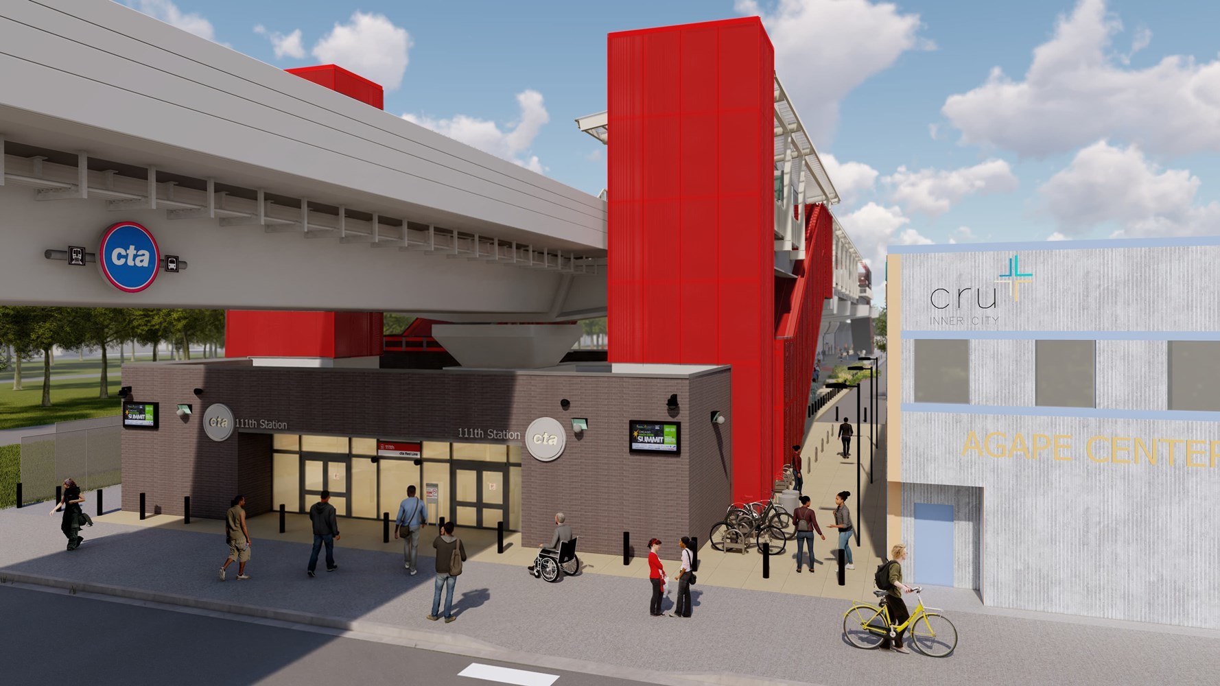 Elevated platform with striking red tower