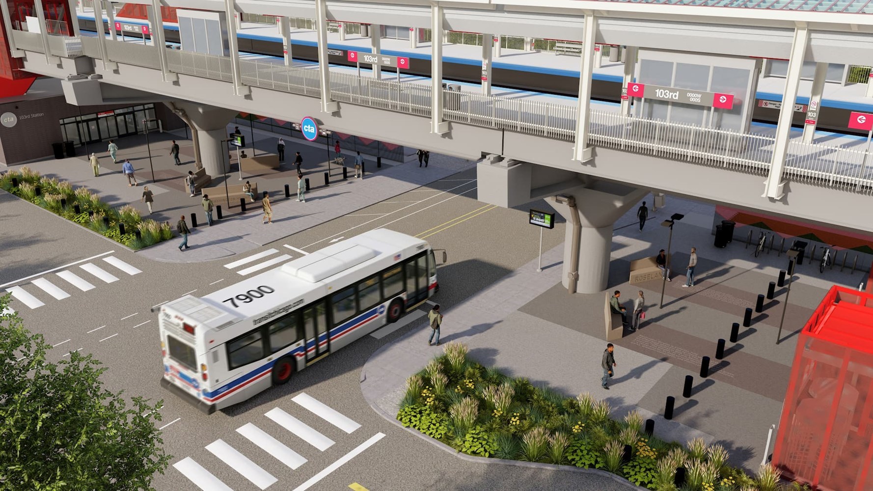 Plaza aerial view of an elevated platform with a bus driving beneath it, with greenery and open space.