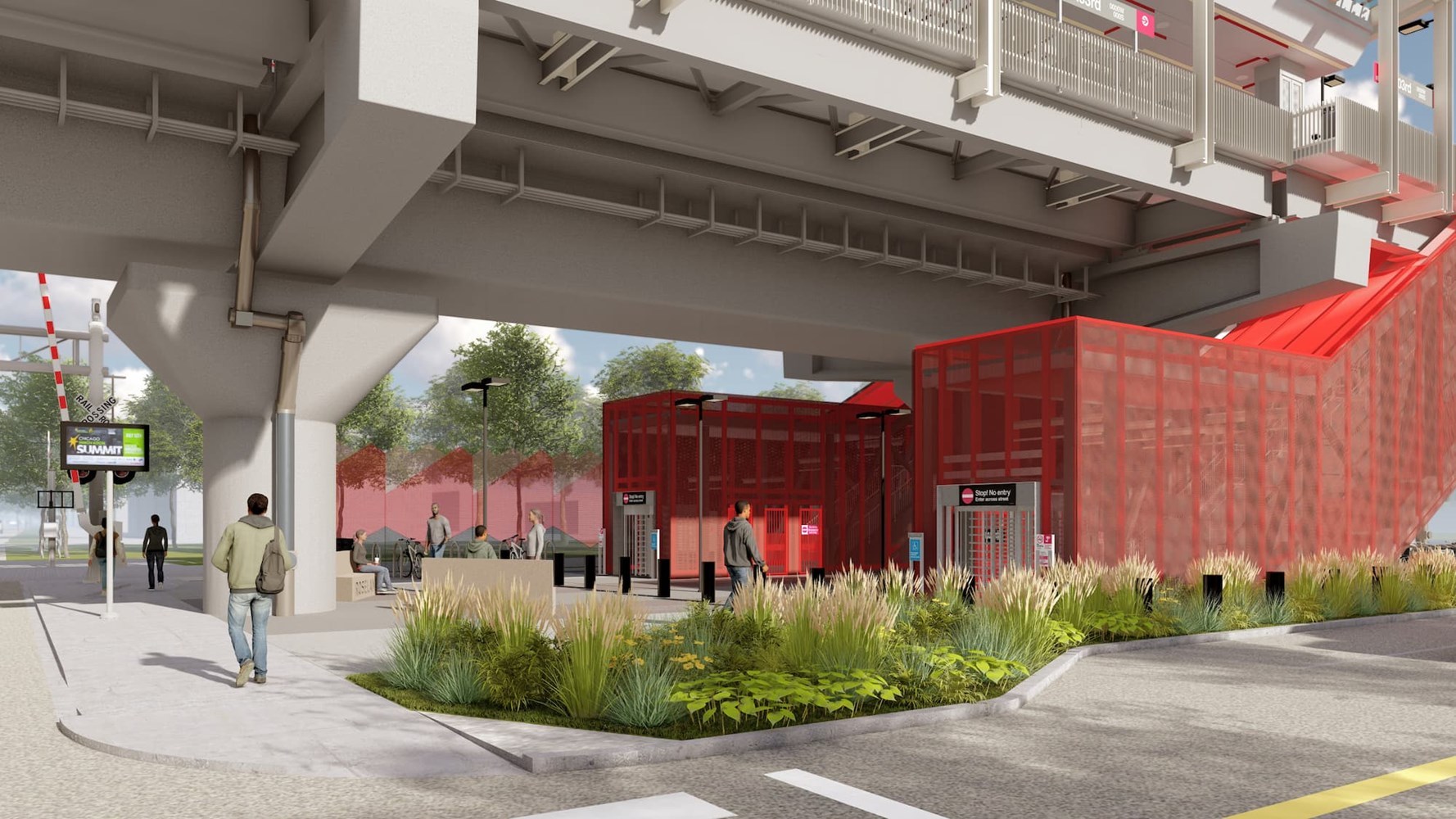 Greenery and architecture with red accents.