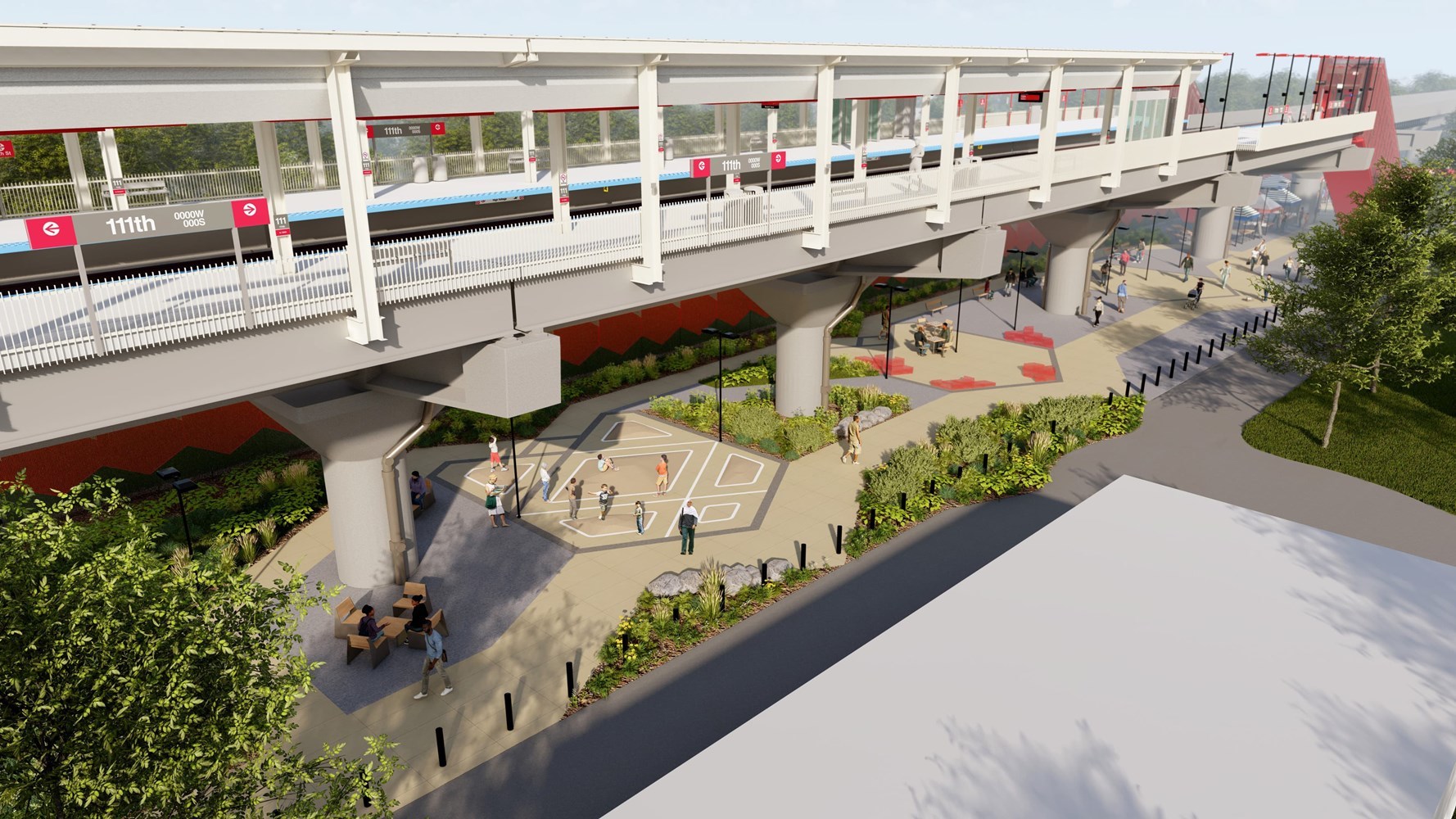Walking area with seating and greenery beneath the elevated tracks