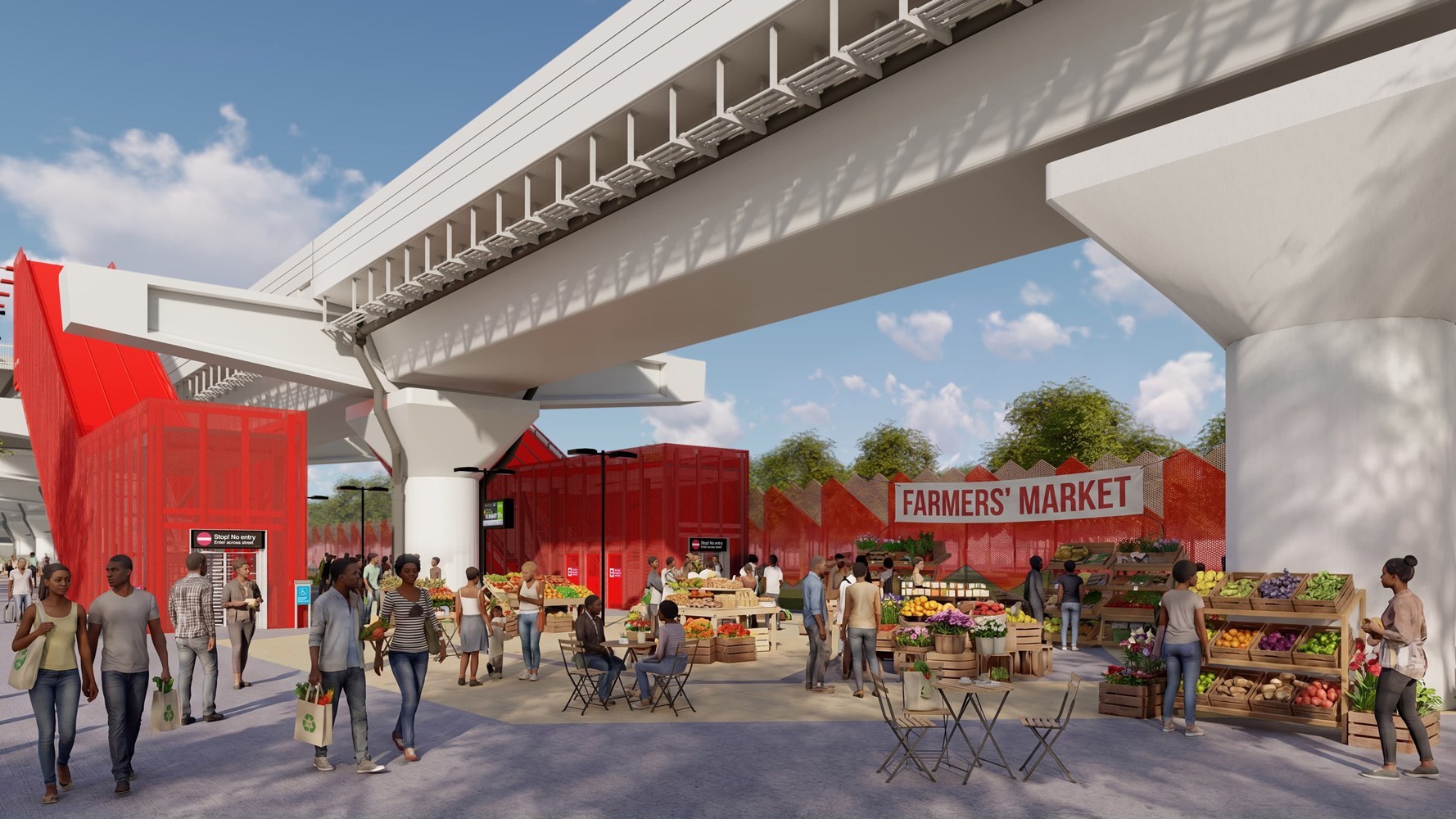 A farmers' market under the elevated tracks