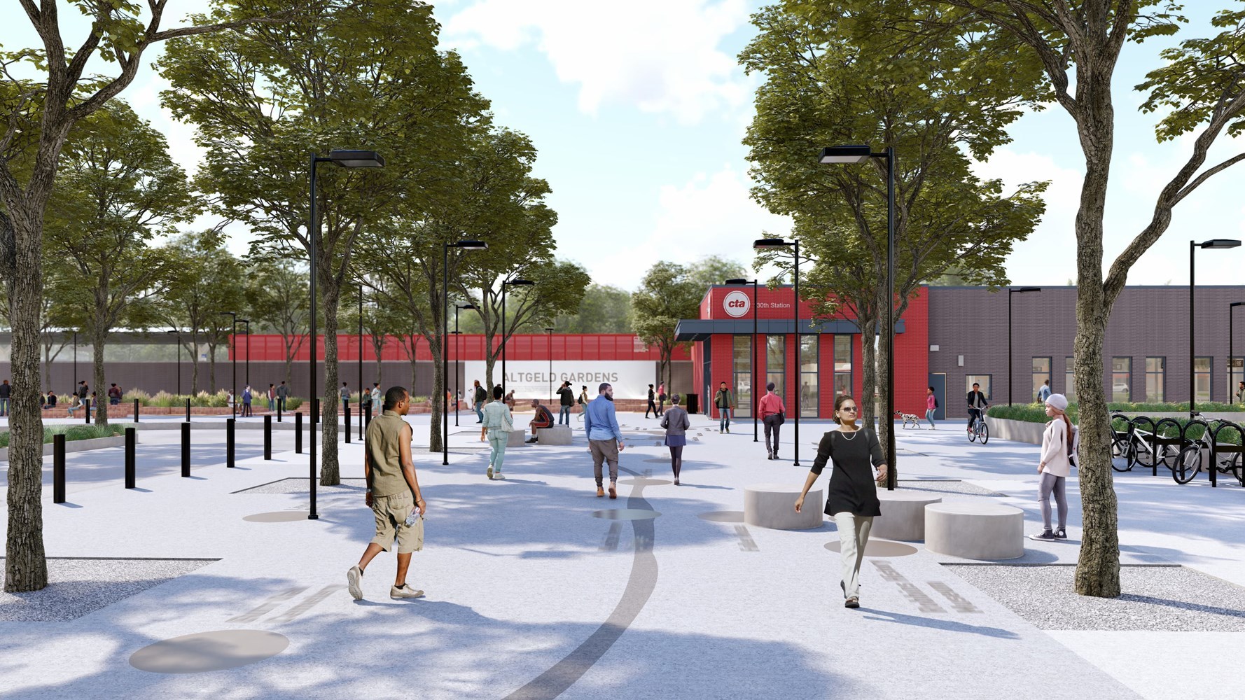 Open area with seating and bike racks