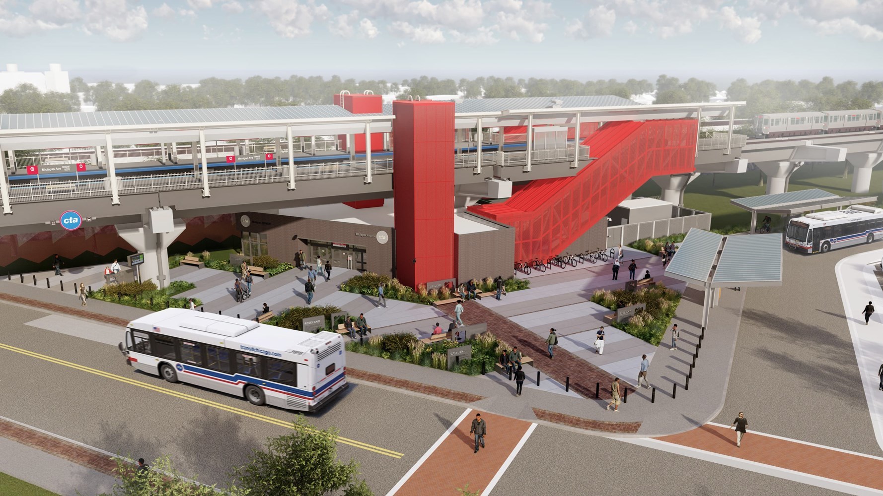 Aerial view of station with walkways, greenery, connections to buses, and red architectural accents