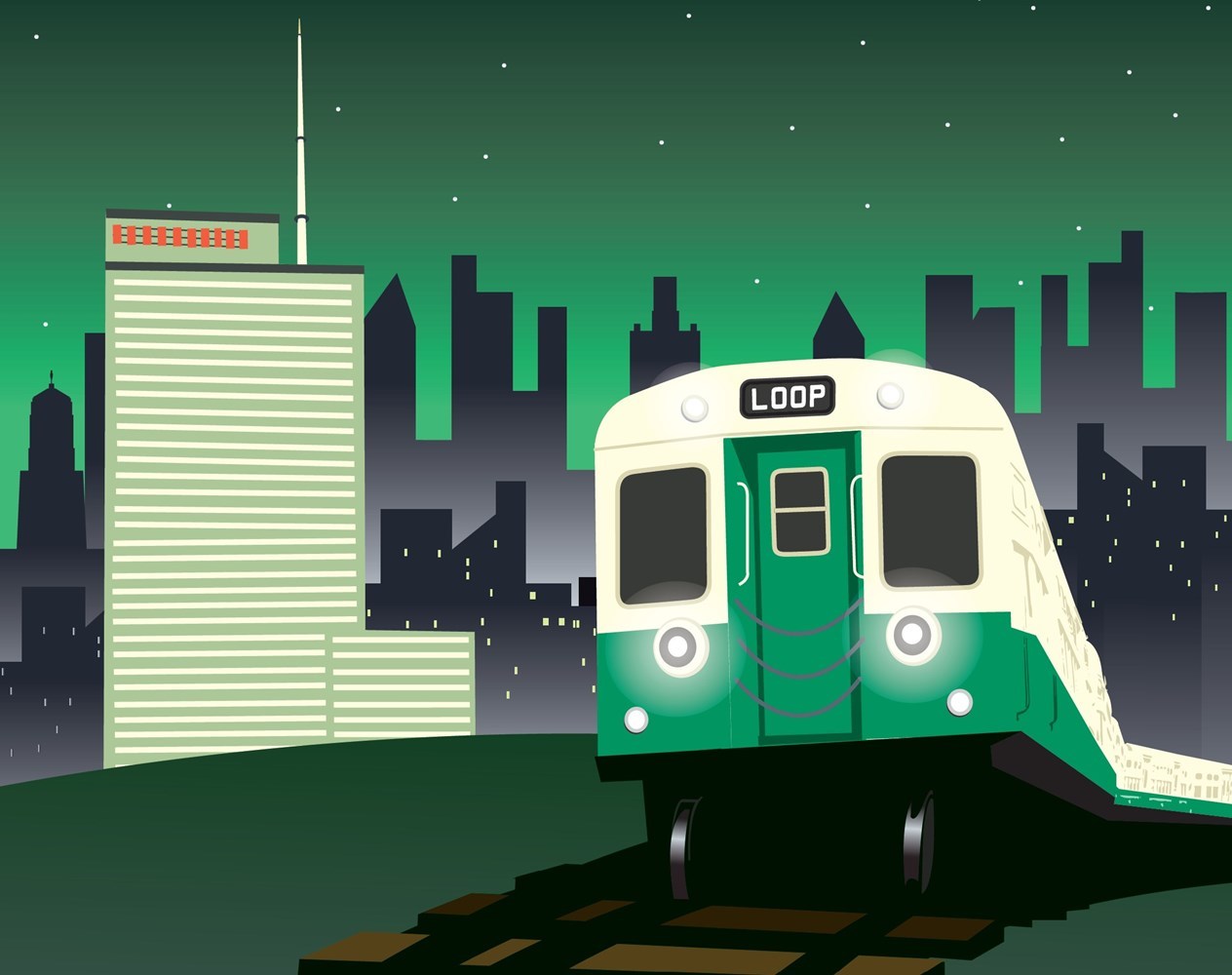 Green tinted illustration of CTA train against the city skyline.